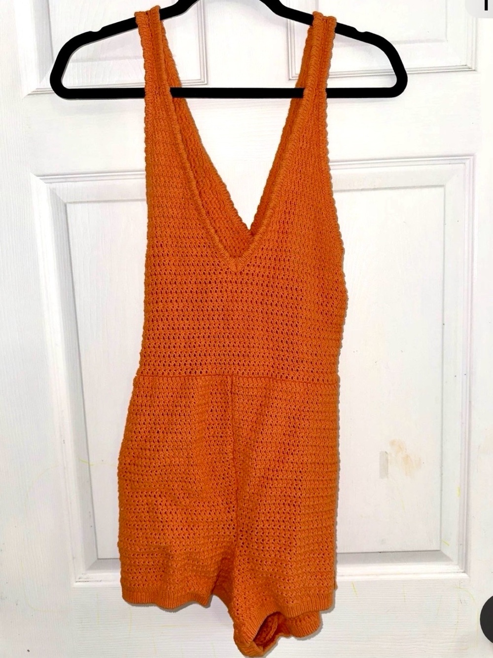 FP Beach Orange Crochet Knit Romper - small